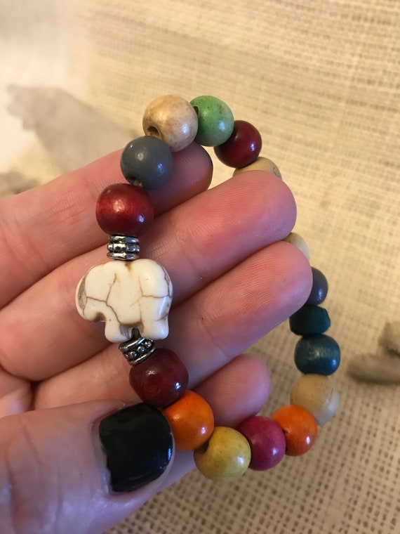 White Elephant and Colorful Wooden Bead Stretch Bracelet