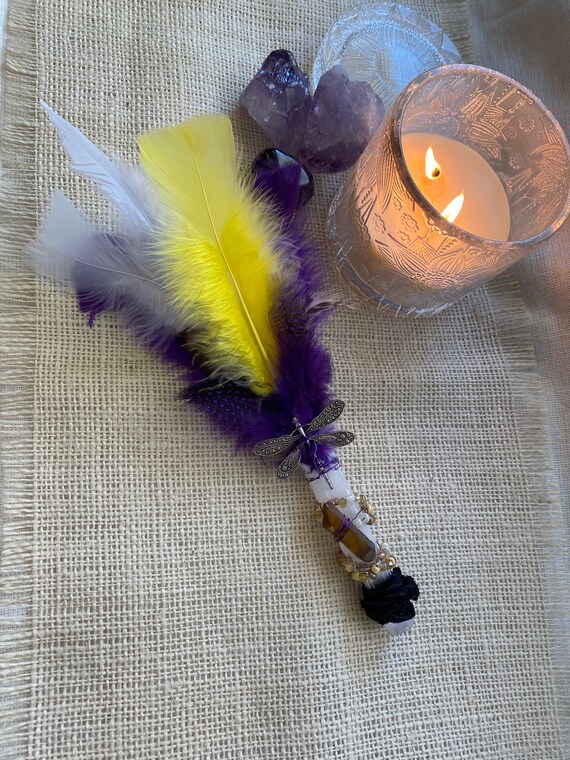 OOAK, Dragonfly Smudge wand, Spiritual tool, Voodoo, Pagan, Wiccan, Spirit fan, Selenite wand, crystals, Altar tool