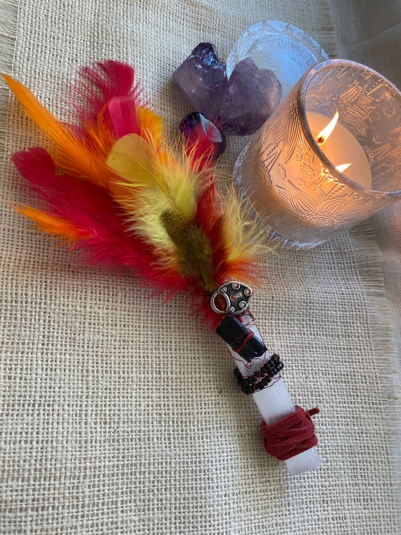 OOAK Selenite Tourmaline Smudge wand, Spiritual tool, Voodoo, Pagan, Wiccan, Spirit fan, Selenite wand, Crystals, Altar Tool