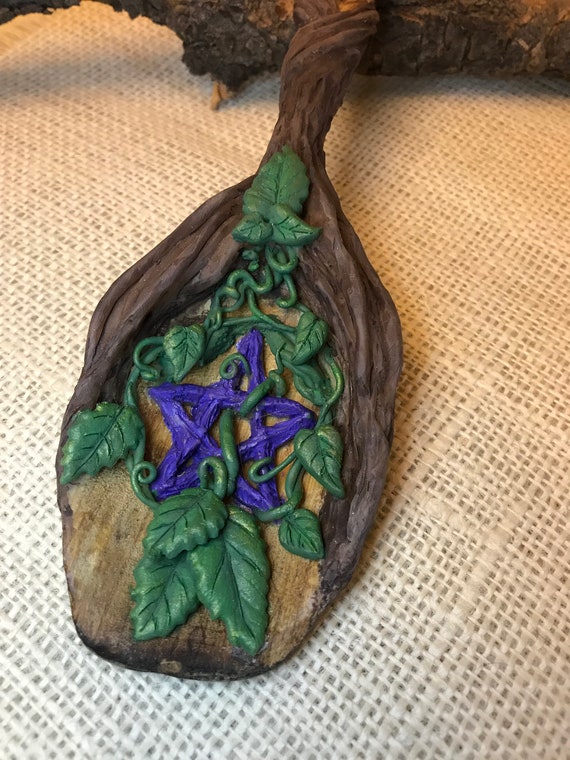 Hand Sculpted Tree Pentacle Kitchen Witch Spoon, Wood Burned Saying, Carved Design, Altar Decor, Magick Tools
