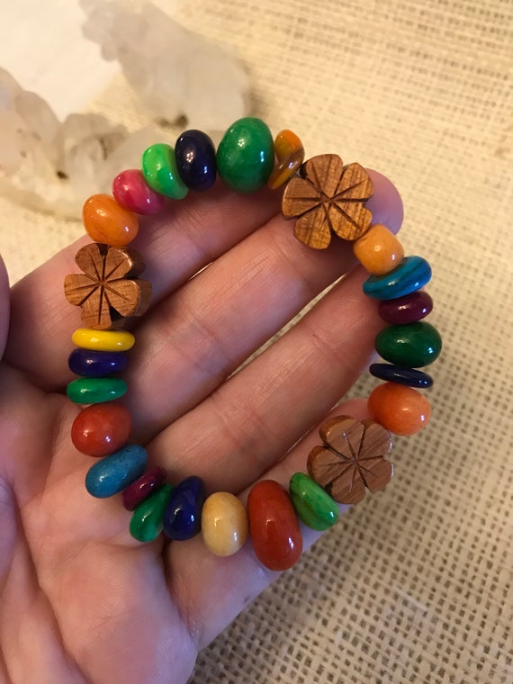 Wooden Flower and Colorful Jelly Bean Bead Stretch Bracelet