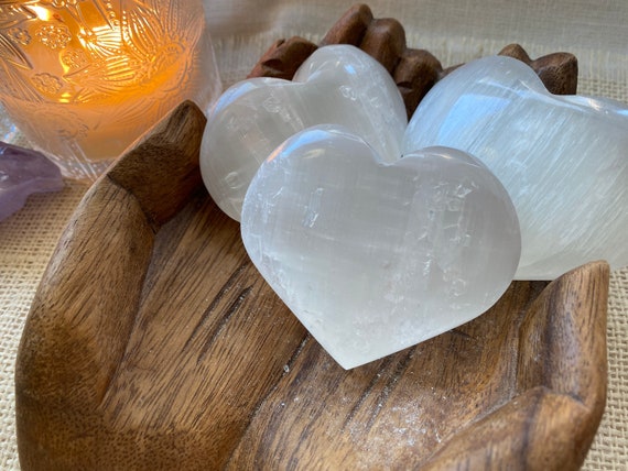 Selenite heart palm stone , Puff heart, Altar Tool, Spiritual tool, Voodoo, Pagan, Wiccan, Cleansing tool