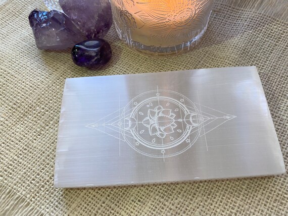 Selenite lotus grid charging plate, Hand Crafted, Altar Tool, Spiritual tool, Voodoo, Pagan, Wiccan, Spirit Shaker