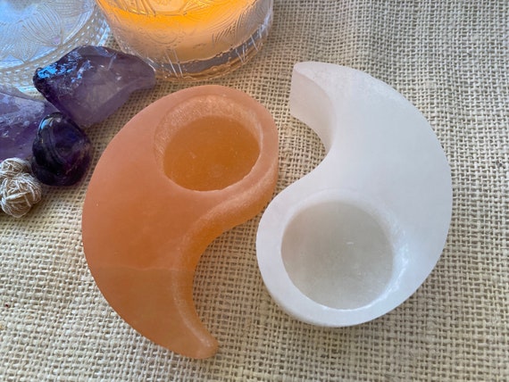 Selenite white and orange candle holder, yin yang, Altar Tool, Spiritual tool, Voodoo, Pagan, Wiccan, Spirit Shaker