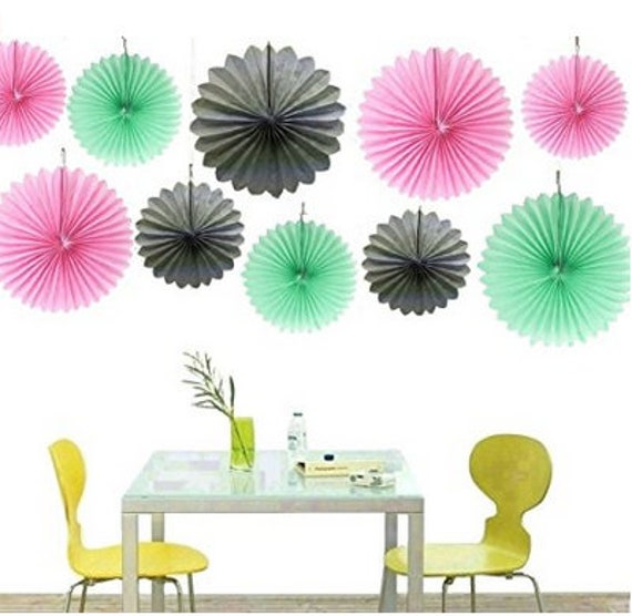 9 Pcs Mixed Pink Mint Green Gray Party Paper Fan Baby Shower Etsy