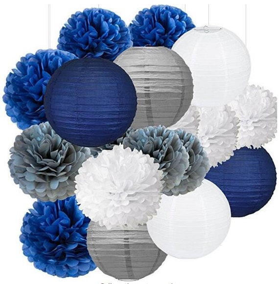 18pcs Navy Blue White Grey Tissue Paper Flowers Pom Poms Etsy