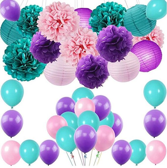 Mermaid Birthday Party Supplies 45pcs Teal Pink Purple Paper Etsy