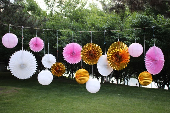 15pcs Mixed Gold Pink White Decor Paper Fans Paper Lanterns Etsy