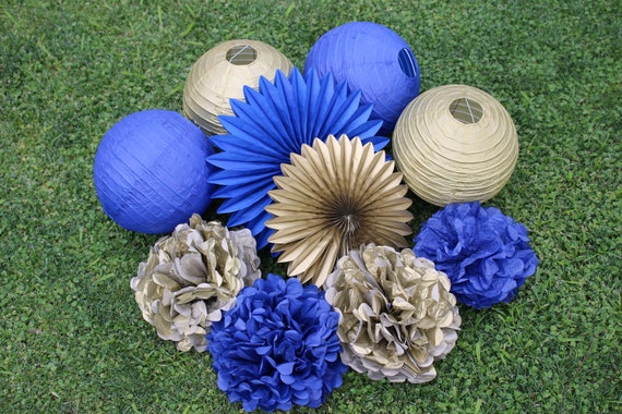 Set Of 10 Royal Blue Gold Tissue Paper Pom Poms Paper Lantern Etsy