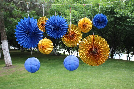 Set Of 10 Bridal Shower Decorations Navy Blue Gold Paper Etsy