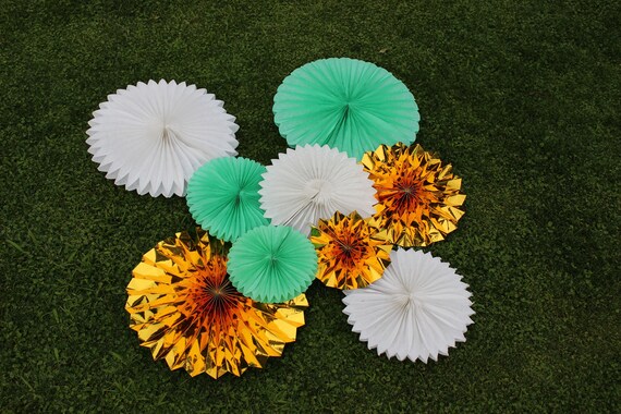 Pack Of 9 Mint Green Gold Whtie Tissue Paper Fan Pinwheels Etsy