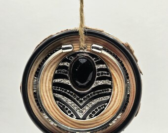 Handcrafted Wood Disc Ornament: Vintage Jewelry Embellished, Rustic Farmhouse Holiday Decor (3")