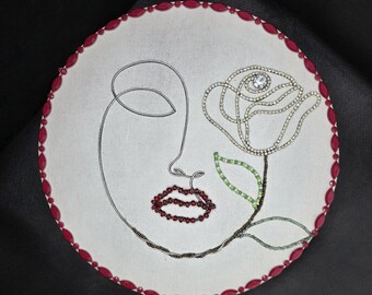 One Line Face Art with Rose, Mixed Media Beaded Canvas Wall Art