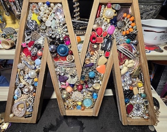 Reversible Letter M/W Jewelry Art – Vintage Embellished Wooden Tray