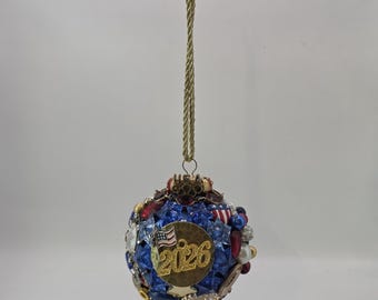 Handmade Patriotic Christmas Ornament, 2026 USA 250th Birthday Keepsake, Vintage Jewelry Ball