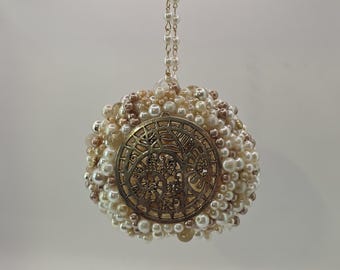 Handmade Pearl Christmas Ornament, Filigree Medallion, Bridal Holiday Decor