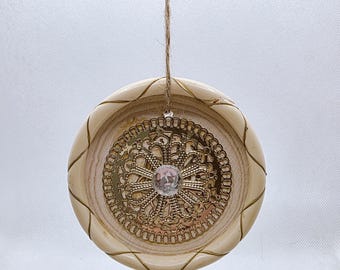 Handcrafted Wood Disc Ornament: Vintage Jewelry Embellished, Rustic Farmhouse Holiday Decor (3")