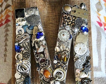 Steampunk Mixed Media Letter M Art, Vintage Jewelry Wall Hanging, Rustic Monogram Decor