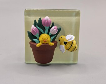 Handmade Glass Tile Magnet, Tulip Chick Bee Garden Decor (2"x2")