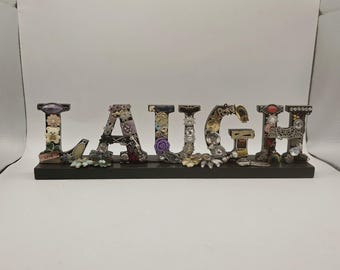 Vintage Jewelry Embellished Laugh Sign, Whimsical Desk Decor (12"x3")