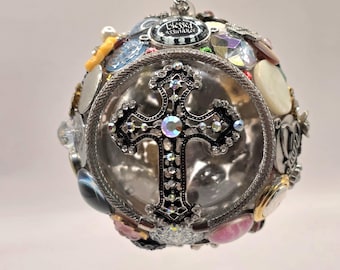 Handmade Christian Christmas Ornament, Vintage Jewelry, Rhinestone Cross (One of a Kind)