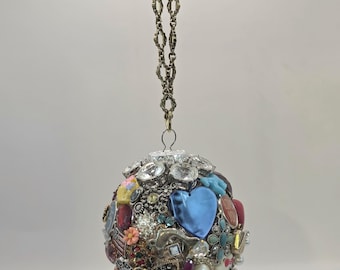 Handmade Treasure Hunt Ornament, Vintage Jewelry Ball, Maximalist Holiday Decor