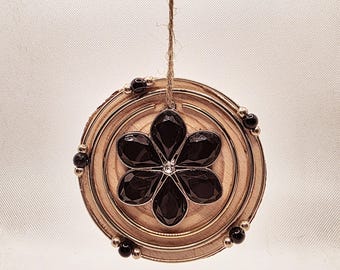 Handmade Wooden Disc Ornament: Black Flower, Vintage Jewelry Embellishments (3")
