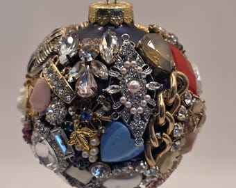 Kaleidoscope Jeweled Christmas Ornament, Vintage Jewelry Ball, Maximalist Holiday Decor