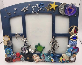Embellished Undersea Photo Frame | Vintage Jewelry Art, Beach Cabin Decor