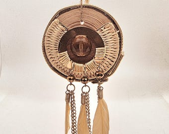Handmade Wooden Disc Ornament: Vintage Jewelry, Feathers, Amber Bead (3")