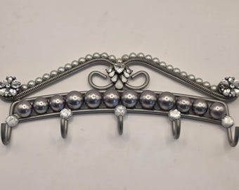 Vintage Jewelry Embellished Key Holder - Functional Art Coat Rack