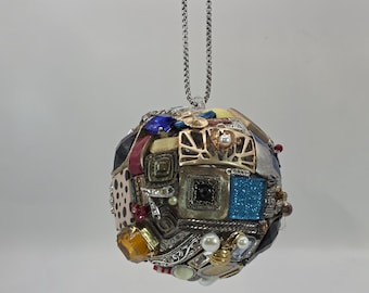 Vintage Jewelry Ball Ornament, Square Brooches, Earrings, Cabochons, Rhinestones (3.5" Diameter)