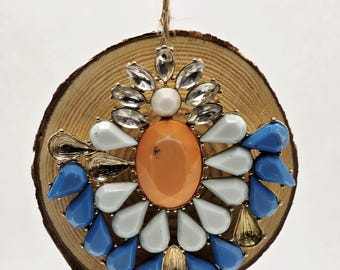Handcrafted Wooden Disc Ornament: Vintage Jewelry Embellished, Rustic Farmhouse Holiday Decor