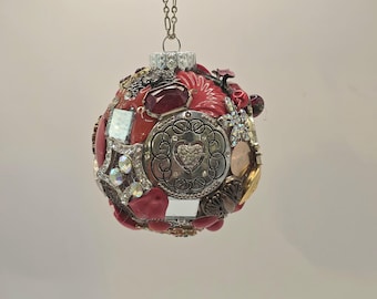 Handmade Red Heart Ornament, Vintage Jewelry Embellished Christmas Ball, Valentine Keepsake