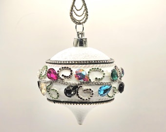 Hand-Embellished Teardrop Ornament, Rhinestone Scrollwork, Jewel Tone Crystals, Vintage Pendant Hanger