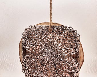 Vintage Jewelry Christmas Ornament, Handmade Wood Slice Ornament, Silver Filigree Holiday Decor