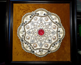 Handmade Mixed Media Mandala Wall Art, Vintage Jewelry, Gold Velvet, Espresso Frame