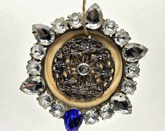Handmade Wood Disc Ornament: Vintage Jewelry, Rhinestone Farmhouse Decor (3" Diameter)