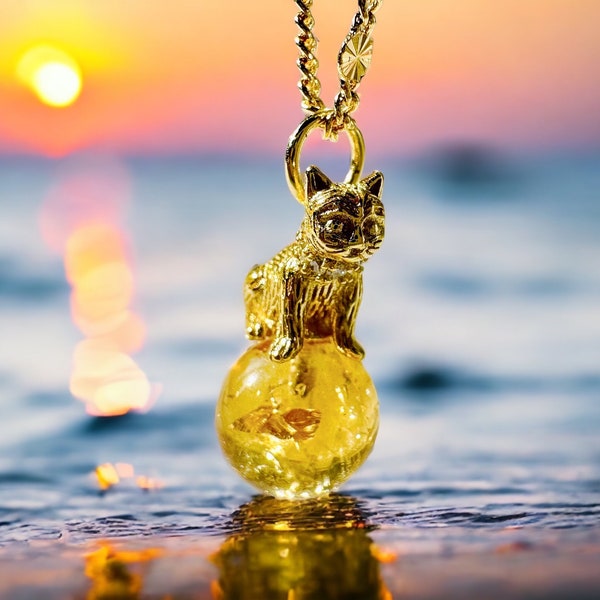 Collier citrine avec chat, bijoux en pierres précieuses jaunes, cadeau pour elle, tour de cou d’été, anniversaire mariage, Wicca witch style