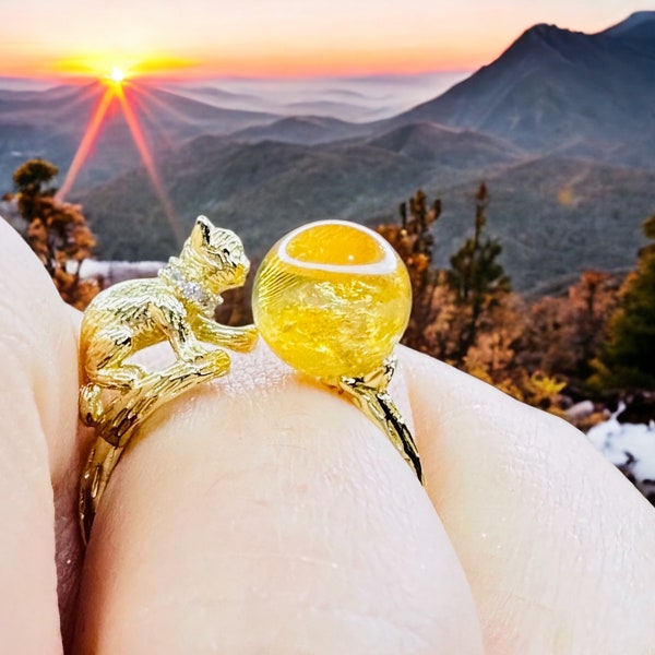 Bague citrine avec chat ajustable, bijoux d'été jaune, parure de bijoux, cadeau anniversaire mariage, fait main, for cat lovers