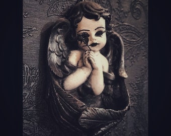 Wall decor holy water font "DARK ANGEL" rose black wings Gothic Home Decor Unique