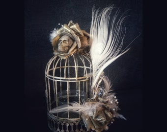 Decoration Cage “SKULL & PEACOCK FEATHERS“ white and gold gothic home decor