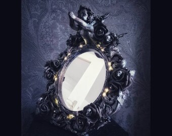 Mirror with lighting "DARK ANGEL" roses ivy skulls Gothic Home Decor Unique