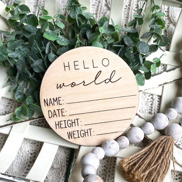 Hello World | Birth Announcement | I’m New Here | New Baby Sign | Custom Wood Sign | Birth Stats Sign | Baby Photo Prop | New Mom Gift