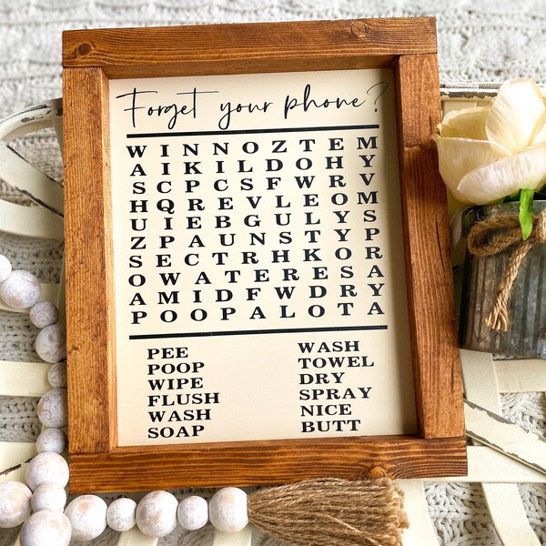 Bathroom Wood Search Sign | Word Search Sign | Forgot Your Phone Sign | Custom Bathroom Sign | Guest Bathroom Sign | Funny Bathroom Sign