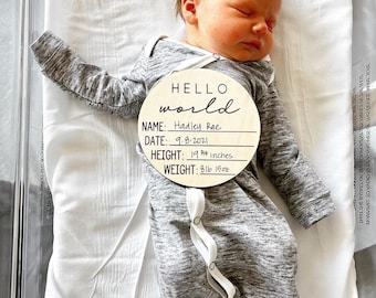 Hello World | Birth Announcement | I’m New Here | New Baby Sign | Custom Wood Sign | Birth Stats Sign | Baby Photo Prop | New Mom Gift