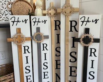 He Is Risen Porch Leaner: 3D Wooden Cross, Christian Easter Decor