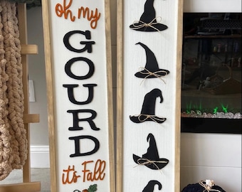 Double Sided Fall Porch Sign: Oh My Gourd & Witch Hat 3D Wood Decor