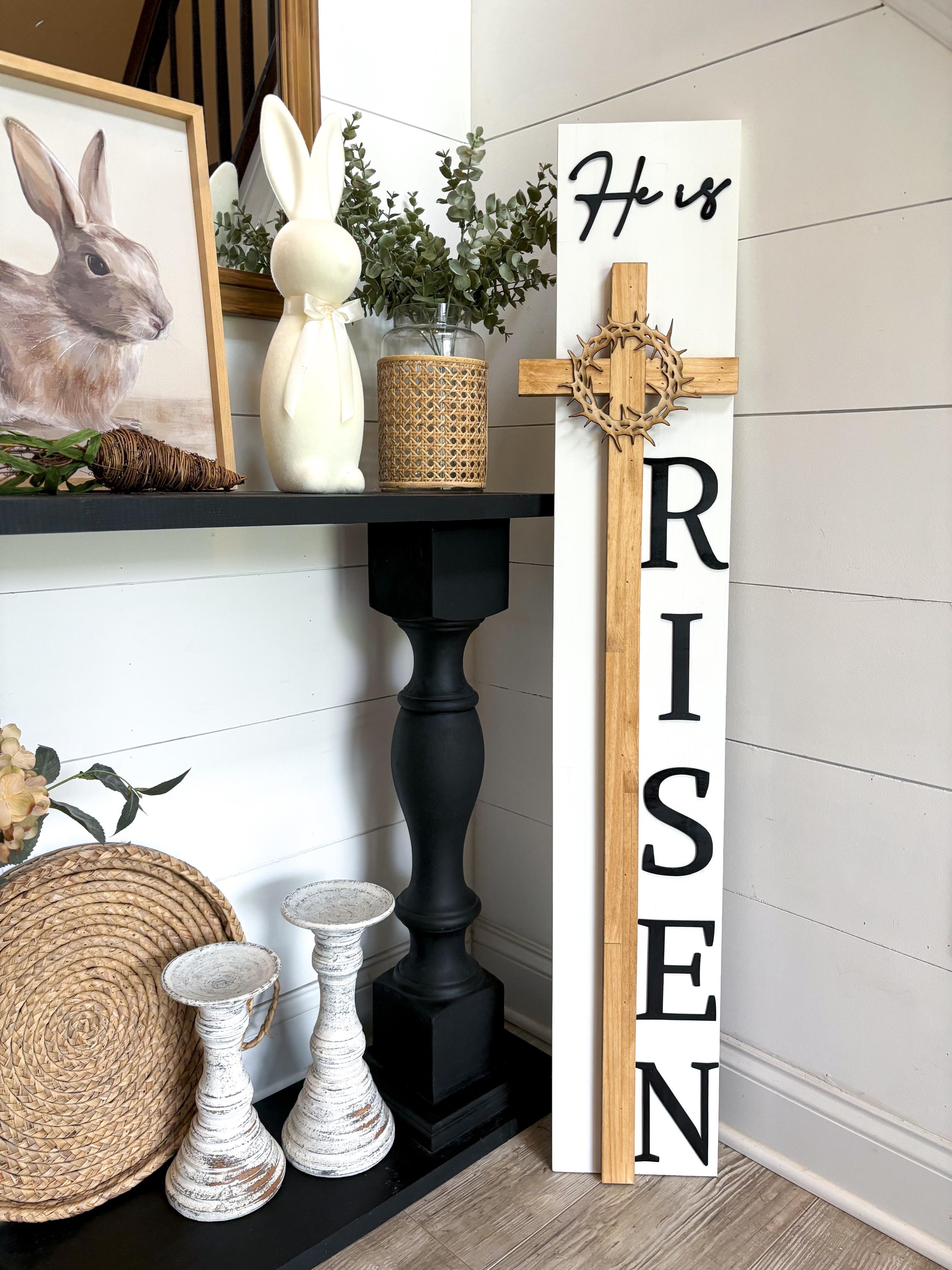 He is Risen Porch Leaner: 3D Wooden Cross, Christian Easter Decor
