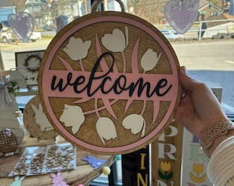 Welcome Door Hanger | Spring Decor | Spring Porch Decor | Wooden Door Hanger | Spring Door Hanger | Tulip Decor